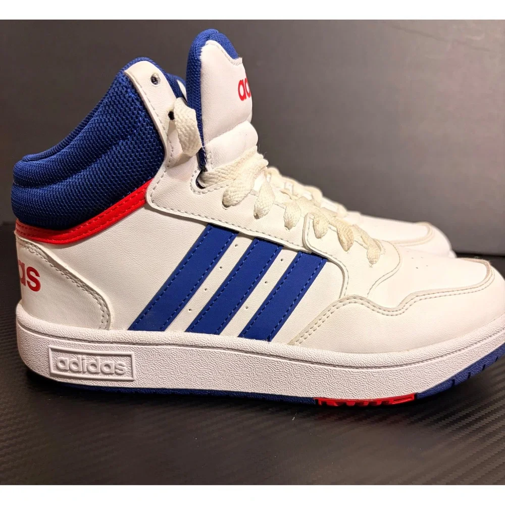 Adidas Hoops 3.0 Mid Kids White Blue Red Basketball Sneakers GZ9647 Size 4Y